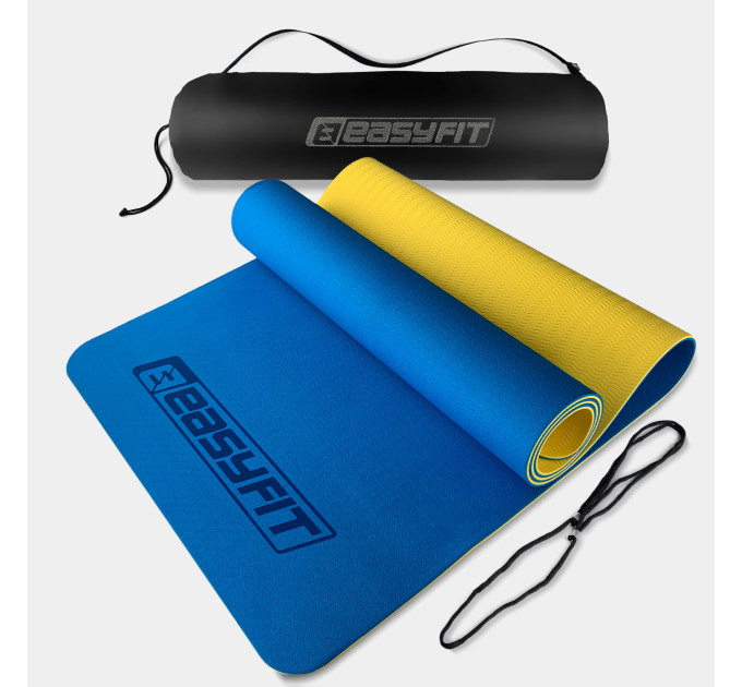 Килимок для йоги та фітнесу EasyFit TPE+TC 6 мм двошаровий + Чохол синій-жовтий Килимок для йоги та фітнесу EasyFit TPE+TC 6 мм двошаровий + Чохол синій-жовтий