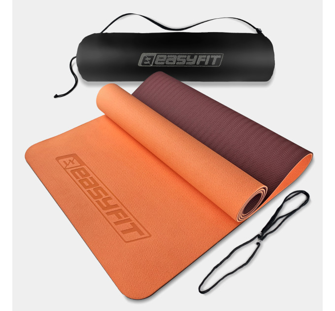 Килимок для йоги та фітнесу EasyFit TPE+TC 6 мм двошаровий + Чохол персиковий-коричневий Килимок для йоги та фітнесу EasyFit TPE+TC 6 мм двошаровий + Чохол персиковий-коричневий