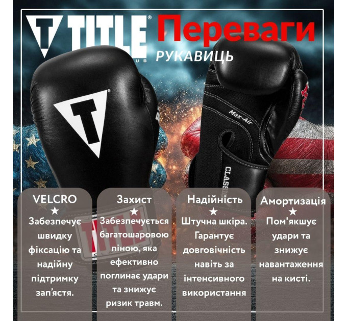 Боксерські рукавиці TITLE Classic Black Max Black 8 oz (бинти 4м. в комплекті)