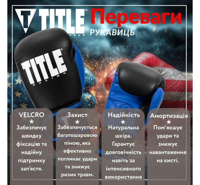 Боксерські рукавиці TITLE Boxing Dynamic Strike Black/Blue 12 oz (бинти 4м. у комплекті)